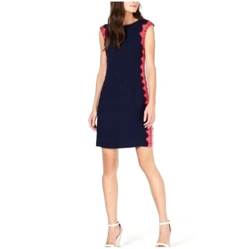 TRINA TURK Blue Whim Appliquéd Lace Trims Sheath Dress Red & Pink Size 4 Small